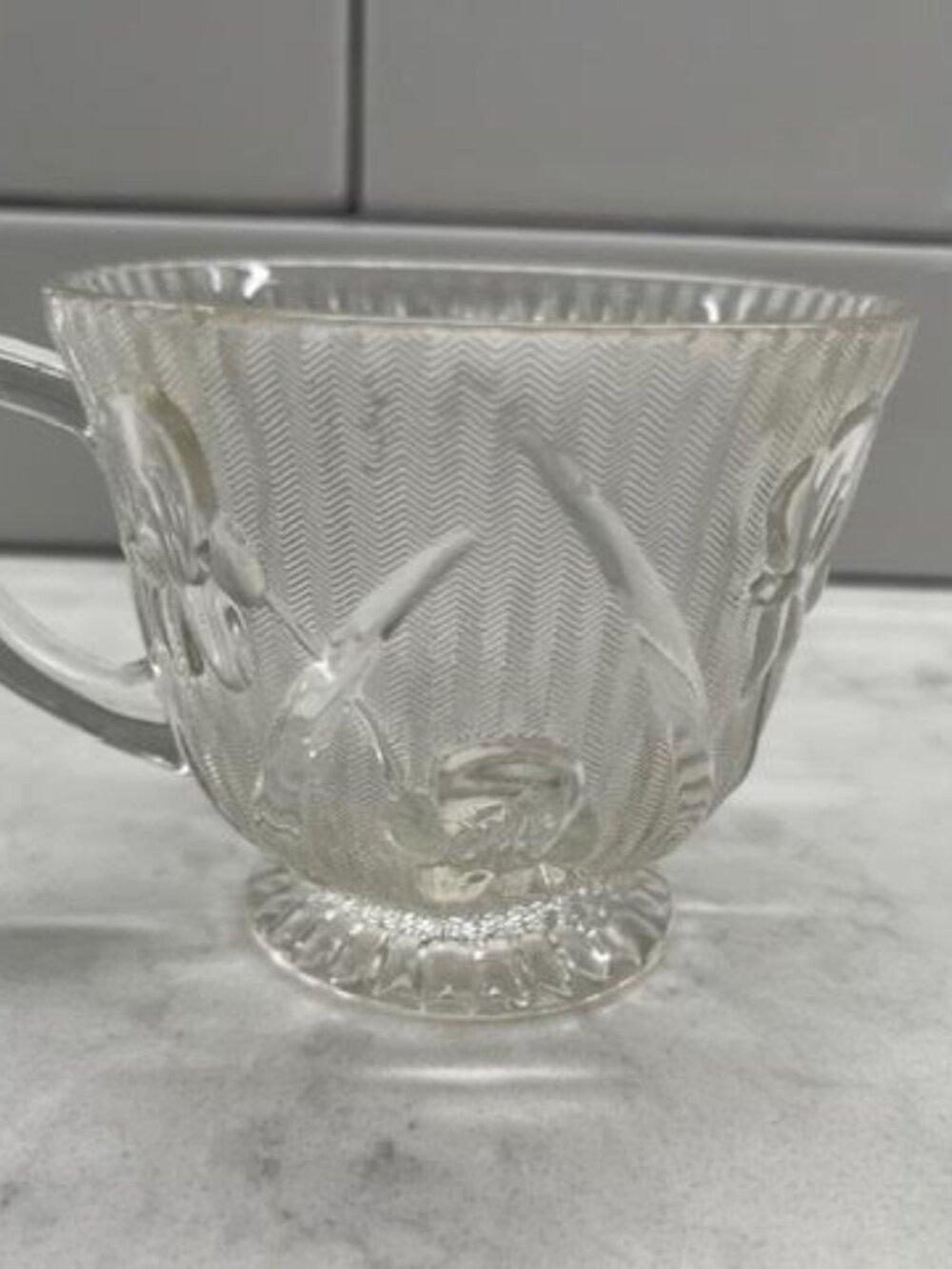 Vintage Anchor Hocking Jeannette Clear Iris Herringbone Coffee Cup, 2.75”h